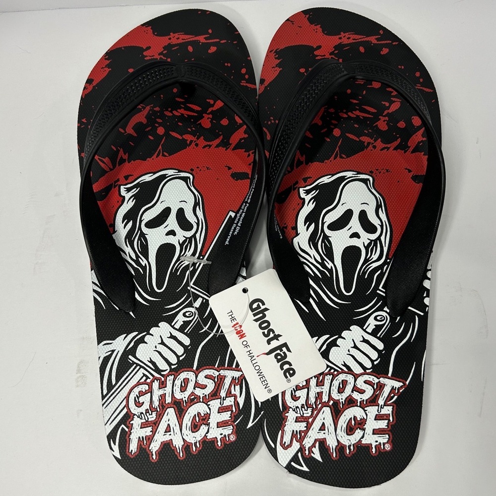 Ghost Face Scream Horror Movie Flip Flops Bioworld Red Black Mens Size 7/8 NEW
